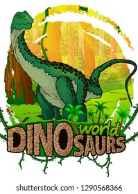 Diplodocus on the background of the forest. Vector logo. Dinosaur world