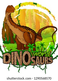 Diplodocus on the background of the forest. Vector logo. Dinosaur world