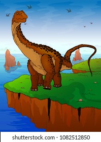 Diplodocus on the background of the sea. Vector illustration.