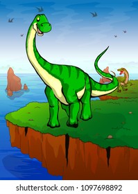 Diplodocus on the background of the sea. Vector illustration.