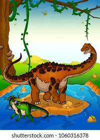 Diplodocus on the background of a waterfall.