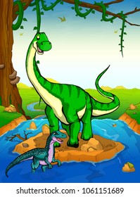 Diplodocus on the background of a waterfall.