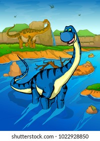 Diplodocus on the river background 
