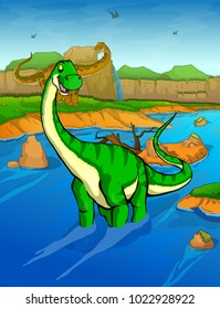 Diplodocus on the river background 