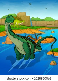 Diplodocus on the river background 