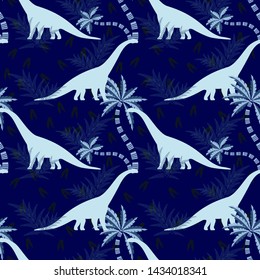 Diplodocus in a prehistoric forest on a blue background. Seamless pattern. For textiles, fabrics, paper, Wallpaper