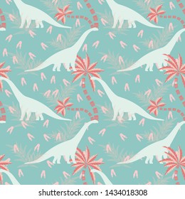 Diplodocus in a prehistoric forest on turquoise background. Seamless pattern. For textiles, fabrics, paper, Wallpaper