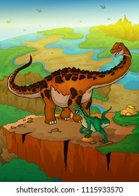 Diplodocus and raptor with landscape background. Vector illustration.