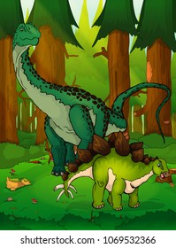 Diplodocus and stegosaurus on the background of forest