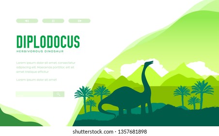 Diplodocus vector landing page template. Natural science museum web banner with text space. Herbivorous dinosaur silhouette minimalistic illustration. Jurassic period documentaries website design