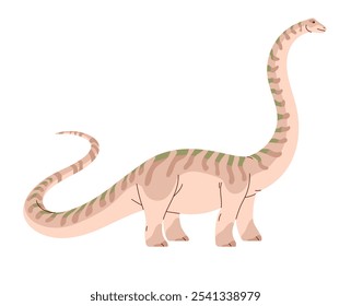 Diplodocus walks. Big dinosaur with long neck, tail. Huge dino with striped skin, ancient reptile strolls. Giant Jurassic animal. Paleontology. Flat isolated vector illustration on white background