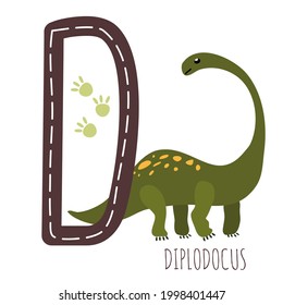 Diplodocus.Letter D with reptile name.Hand drawn cute herbivores dinosaur.Educational prehistoric illustration.Sketch Jurassic,Mesozoic animal.Childish funny comic font.Enjoy learning.Dino alphabet.