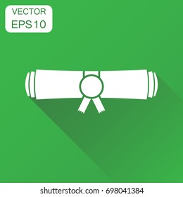 Diplom rolled scroll icon. Business concept finish education pictogram. Vector illustration on green background with long shadow.