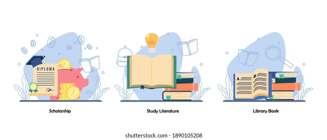 Diploma Academic Achievement. Reading Book, Book Collection Icon Set. Scholarship, Study Literature, Library Book. Vector Flat Design Isolated Concept Metaphor Illustrations