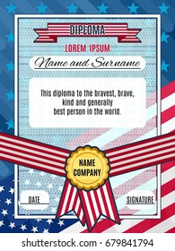 Diploma american award vector bright interesting background with ribbons and medal
