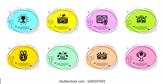 Diploma, Approved and Trophy signs. Timeline infographic. Arena stadium, Sports arena and Ole chant line icons set. Victory symbol. Sport complex, Event stadium. Sports set. Vector