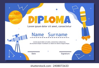 Diploma in astrological style. Award for students after education. Graduation and learning. Certificate for students and schoolers. Cosmos, galaxy and universe. Cartoon flat vector illustration