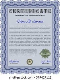 Diploma. With background. Border, frame. Excellent design. Blue color.