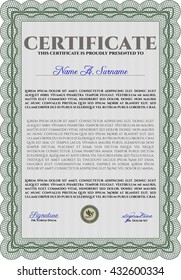 Diploma. With background. Border, frame. Excellent design. Green color.