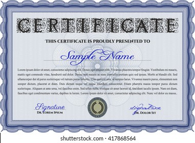 Diploma. With background. Border, frame. Good design. Blue color.