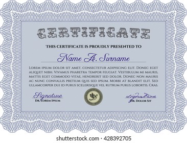 Diploma. With background. Border, frame. Good design. Blue color.