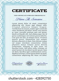 Diploma. With background. Border, frame. Good design. Light blue color.