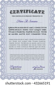 Diploma. Con fondo. Borde, marco. Buen diseño. Color azul.