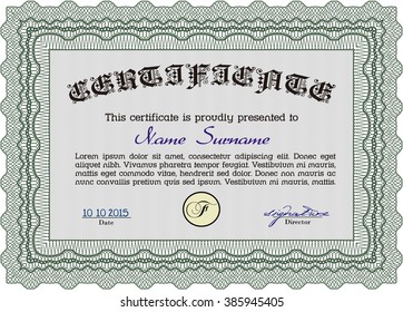 Diploma. With background. Excellent design. Border, frame. Green color.