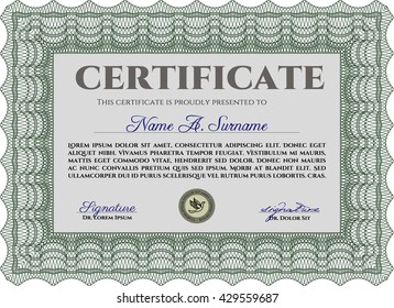 Diploma. With background. Excellent design. Border, frame. Green color.