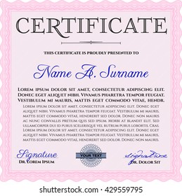 Diploma. With background. Excellent design. Border, frame. Pink color.