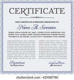 Diploma. With background. Good design. Border, frame. Blue color.