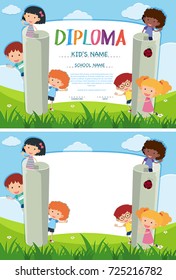 Diploma and background template with kids in the park illustration