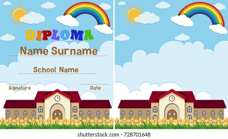 Diploma and background template with school building illustration