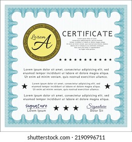 Diploma.  Beauty design.  With guilloche pattern and background.    Light blue color.
