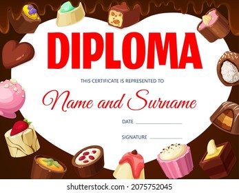 Diploma for best confectioner, chocolate truffle, roasted nuts candy, praline sweets cartoon vector fame. Graduation or award certificate template with desserts and confectionery, workshop achievement