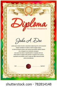 Diploma blank template. Background of red and green colors. It can be use as print design for award official papers