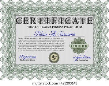 Diploma. Border, frame. With background. Excellent design. Green color.