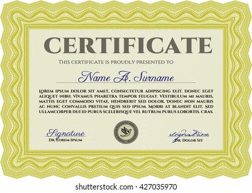 Diploma. Border, frame. Excellent design. With background. Yellow color.