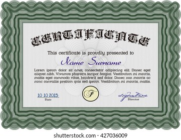 Diploma. Borde, marco. Excelente diseño. Con fondo. Color verde.