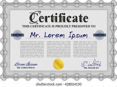 Diploma. Border, frame. Excellent design. With background. Grey color.