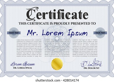 Diploma. Border, frame. Excellent design. With background. Blue color.