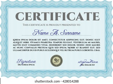 Diploma. Border, frame. Excellent design. With background. Light blue color.