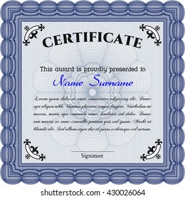 Diploma. Border, frame. Excellent design. With background. Blue color.
