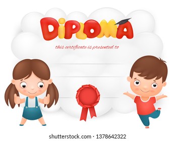 Diploma card template with boy and girl cartoon characters. Vector illustration