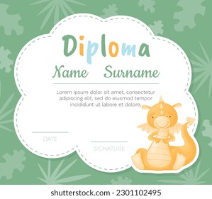 Diploma with Cartoon Cute Baby Dragon with Wing and Tail Vector Template
