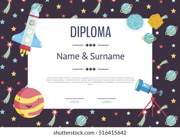 Diploma cartoon template. Spaceship, stars. planets, comets. For award for victory in scientific competition. Cartoon space diploma template.