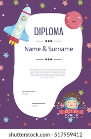 Diploma cartoon template. Spaceship, stars. planets, comets. For award for victory in scientific competition. Cartoon space diploma template.