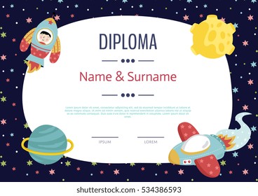 Diploma cartoon template. Spaceship, stars. planets, comets. For award for victory in scientific competition. Cartoon space diploma template.