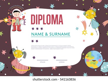 Diploma cartoon template. Spaceship, stars. planets, comets. For award for victory in scientific competition. Cartoon space diploma template.