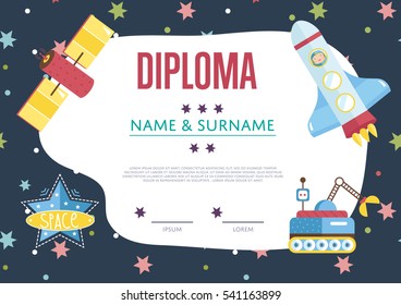 Diploma cartoon template. Spaceship, stars. planets, comets. For award for victory in scientific competition. Cartoon space diploma template.